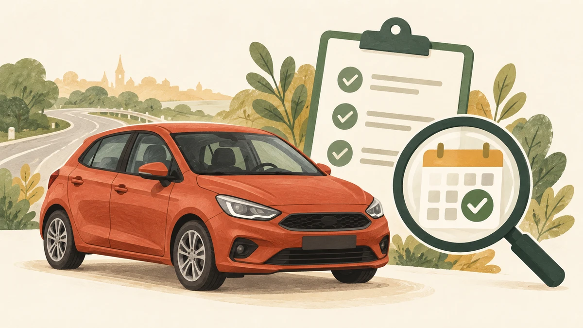 DI iliustracija: automobilis, patikros lapas ir kalendoriaus simbolis.